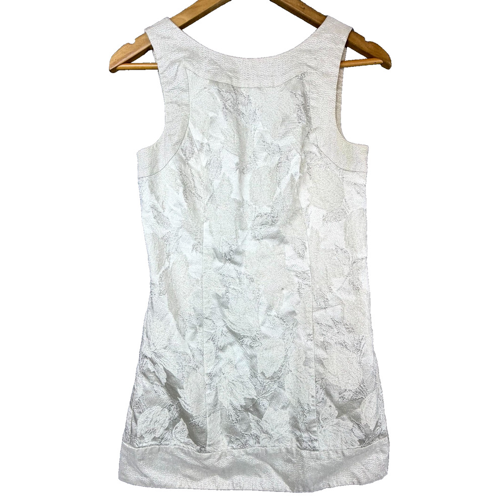 Bebe Sheath Mini Dress Womens XS White Silver Floral Jacquard Angelcore Metallic